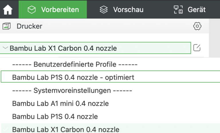 Bambu Studio Profil auswählen